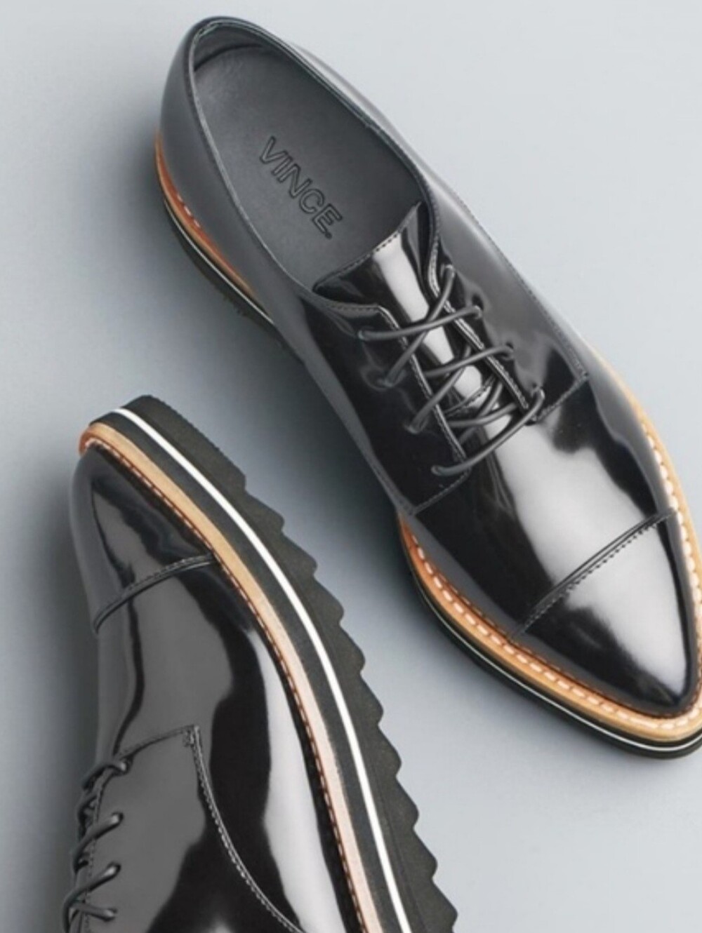 Vince Black Patent Leather Derby with Tan Welt